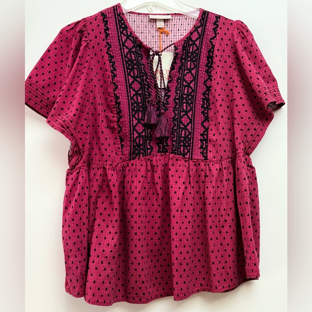 Knox Rose Fuschia and Black Embroidered Blouse with Tassels